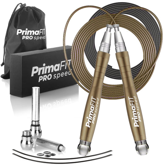 PrimaFIT Adult Fitness Pro Speed Jump Rope 3m Adjustable with Weights, 2 Ball Bearings & Anti-Slip Handles, Professional Skipping for Boxing, MMA, Crossfit. Extra Steel Cable and Bag included.