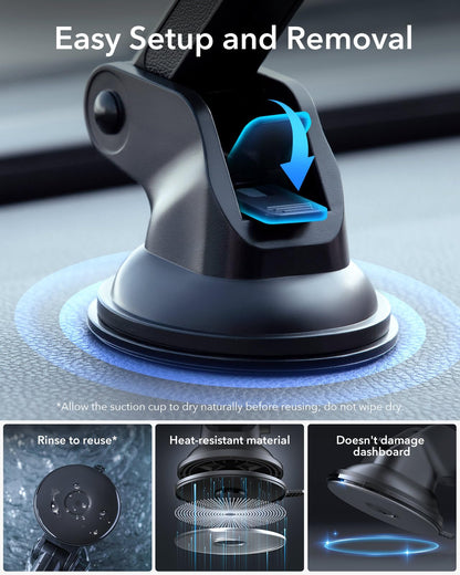 ESR car phone mount for Magsafe, magnetic suction cup dashboard and windshield phone holder for iPhone Air/17/16/15/14/13/12/Google Pixel 10/Samsung/Android, all smartphones.