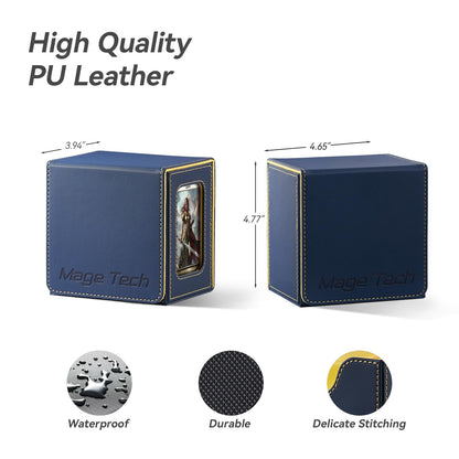 Mage Tech Commander Deckbox for MTG - Patented design, Commander display, fits 100 double sleeved cards, 35pt magnetic card holder & dice tray - Blue/Yellow