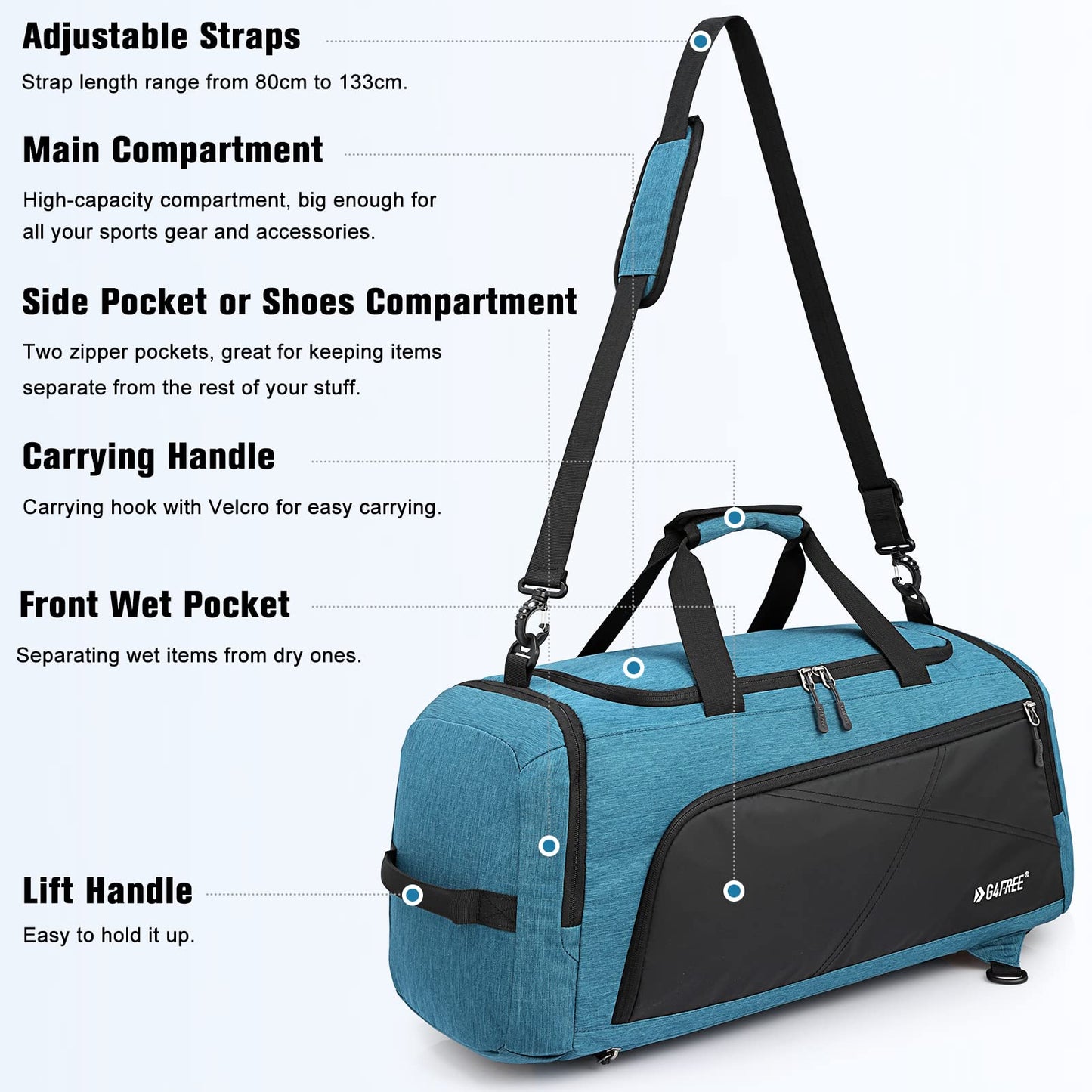 G4Free 45L Large Sport Bag & Travel Bag for Men and Women/with Shoe Compartment & Wet Pocket/Training Bag & Gym Bag & School Sports Bag/for School & Sports & Fitness & Travel, Peacock Blue/Black