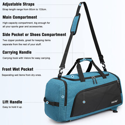 G4Free 45L Large Sport Bag & Travel Bag for Men and Women/with Shoe Compartment & Wet Pocket/Training Bag & Gym Bag & School Sports Bag/for School & Sports & Fitness & Travel, Peacock Blue/Black