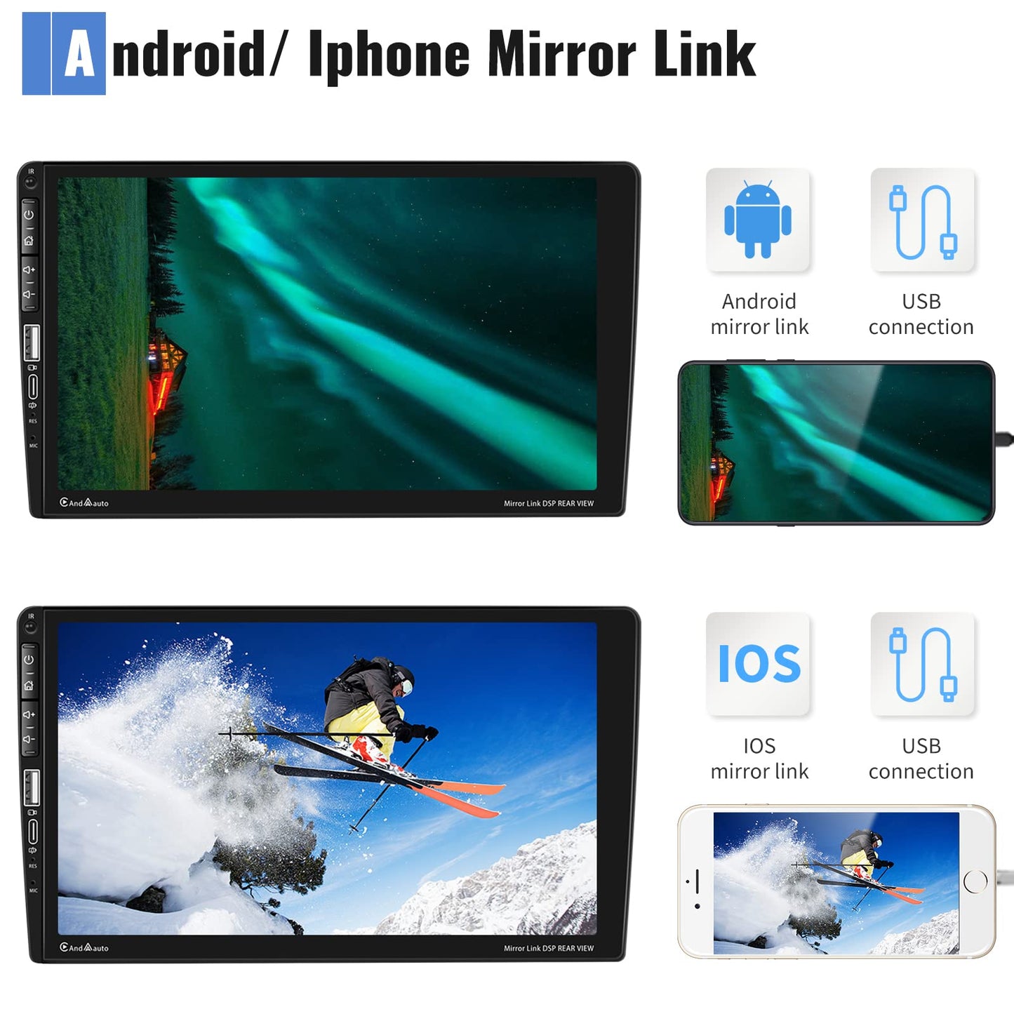 1 Din car stereo with Apple Carplay Android Auto Bluetooth hands-free system 9-inch touchscreen car stereo with Mirror Link Bluetooth FM radio USB/AUX/TF/EQ steering wheel control + rearview camera microphone