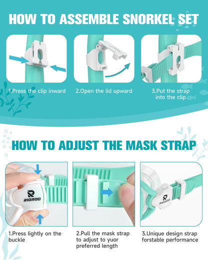 RIOROO Kids Diving Mask and Snorkel Set with leak-proof and fog-resistant design. 180° panoramic HD view with nose cover. Suitable for boys and girls aged 4-14.