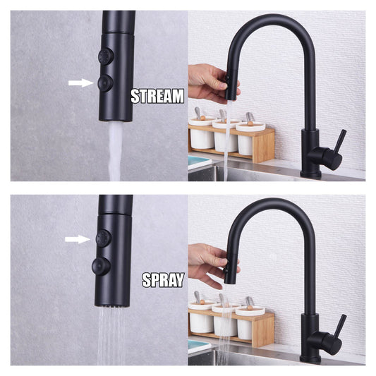 Black Kitchen Faucet, High Pressure Pull-Out 360° Swivel Kitchen Tap, Single Lever Sink Faucet with 2 Spray Modes, High Arc Kitchen Mixer Tap, Pull-Out Stainless Steel Kitchen Faucet.