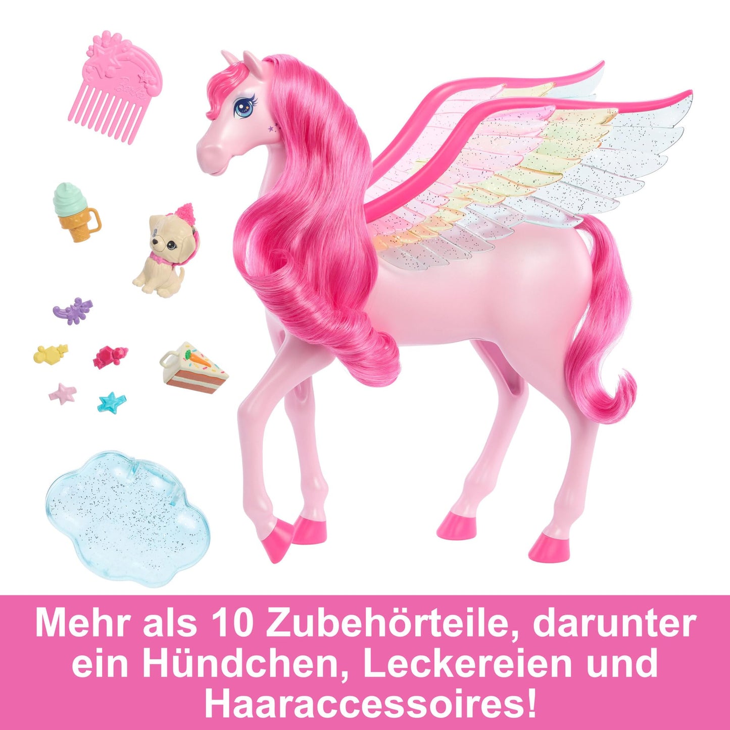 Barbie Hidden Magic Pegasus - Interactive toy with lights and sounds, 10 accessories, rainbow wings, for children 3+. Item number HLC41.