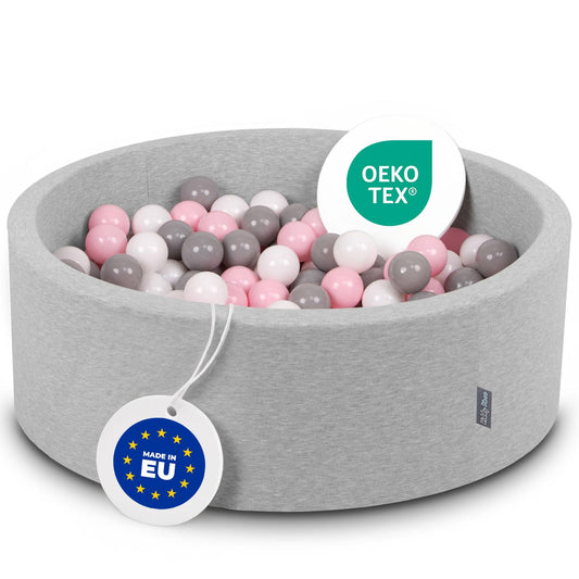 KiddyMoon ball pit 90x30cm/200 balls ⌀ 7cm ball pit with colorful balls for babies and kids round, light grey: white/grey/pink