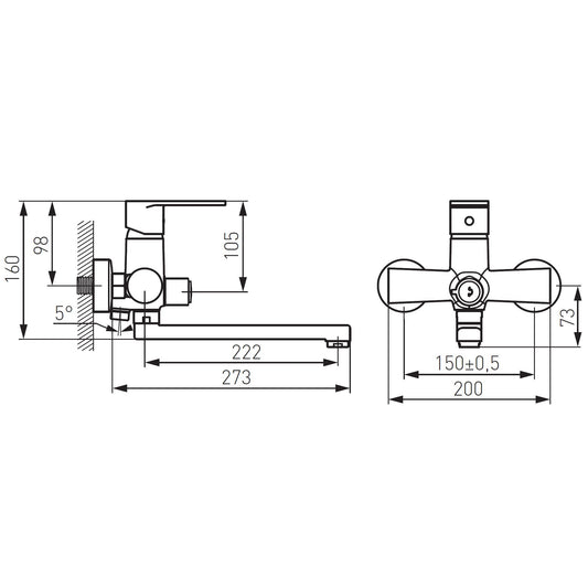 Wall-mounted faucet with diverter, connection hose, and shower hose.
