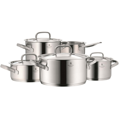 WMF Gourmet Plus 5-piece Induction Pot Set, includes metal lids, made of Cromargan stainless steel, non-coated induction pots with inner scaling.