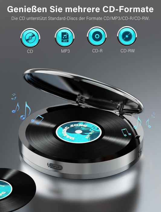 Discman CD player with Bluetooth FM transmitter, headphones, LCD screen, AUX, built-in speaker, USB connection, 2000mAh rechargeable portable CD player with anti-skip protection.