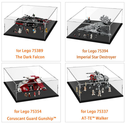 Acrylic display case for Lego 75337 at-TE Walker 75389 75394 75354, glass showcase acrylic box transparent large for figures toys, black interior 50x40x20cm.