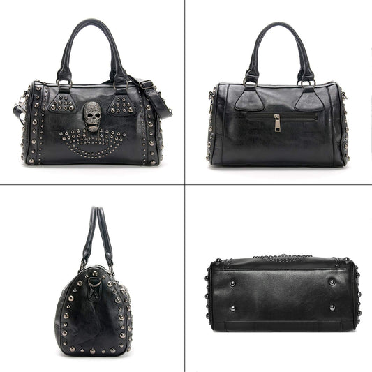 Alwaysky Women's Skull Handbag Large Capacity Gothic Shoulder Bag Studded Doctor Handbag, Black