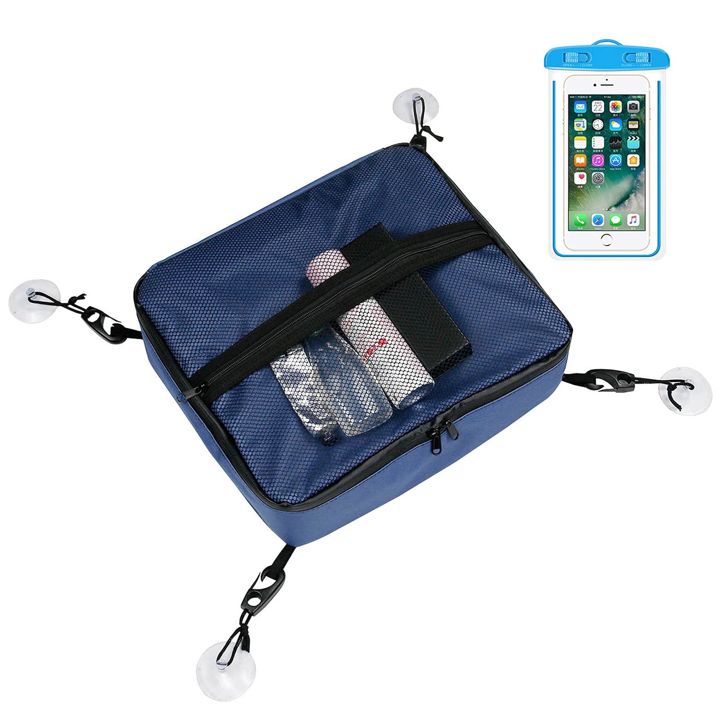 Cooler deck bag (blue) with 11L capacity, waterproof phone pouch, mesh pocket on top, portable suction cup, zipper nylon fabric board bags deck accessory.