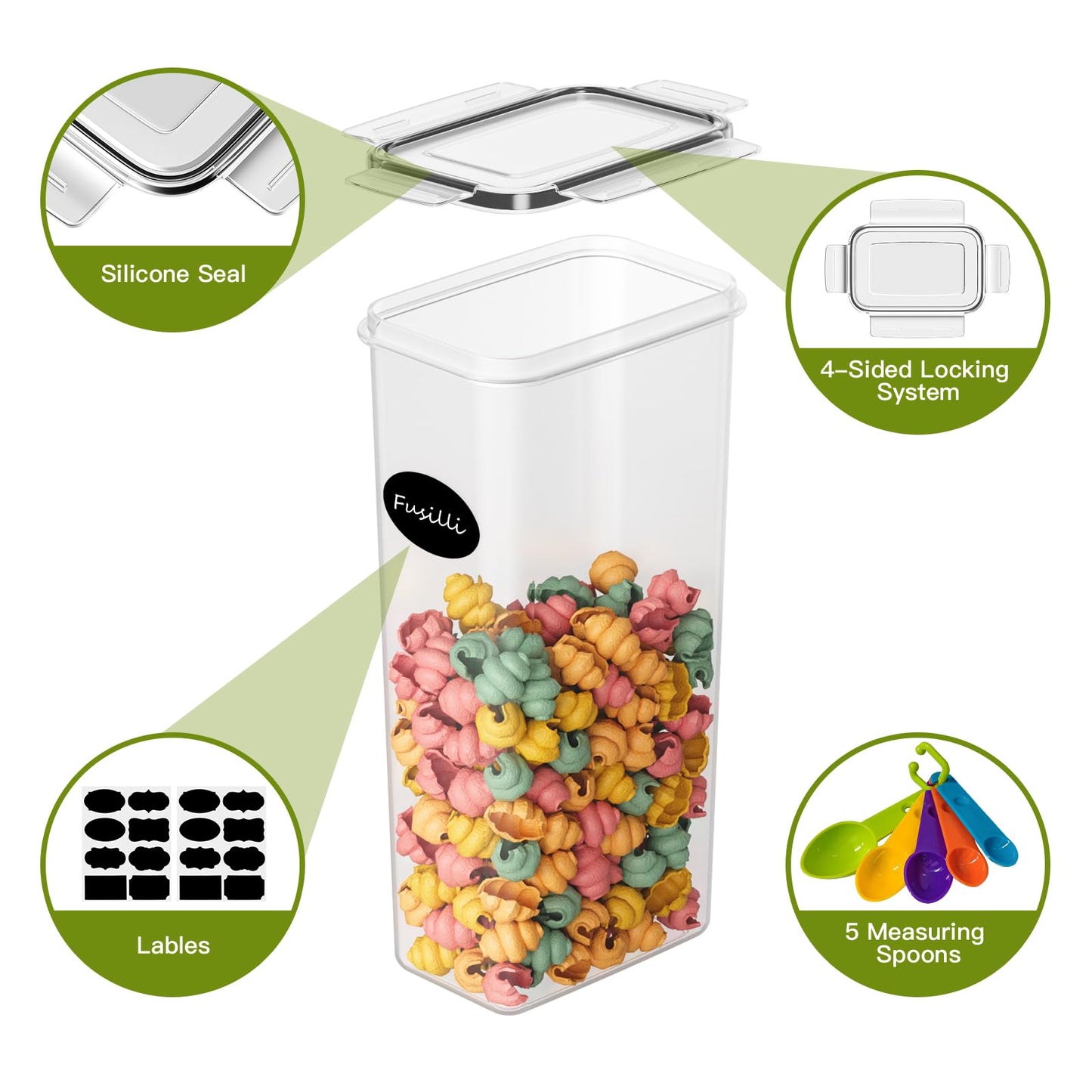 20-piece set of airtight food storage containers with plastic lids, perfect for storing spaghetti, flour, muesli, and cornflakes in the kitchen. Comes in various sizes ranging from 2.8L to 0.52L.