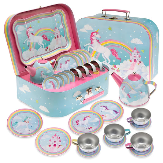 Jewelkeeper - Children's Tin Tea Set & Carry Case, Kids Pretend Play Kitchen Toy Dishes, 15-Pieces - Rainbow Unicorn Design