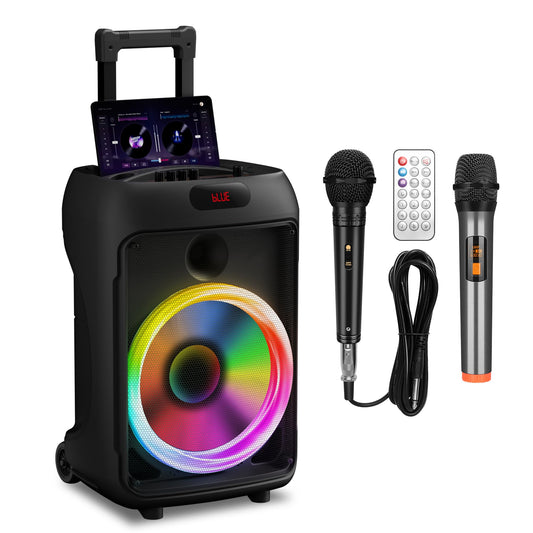 Karaoke machine with 2 wireless microphones, portable Bluetooth speaker, LED lights, PA system, supports recording/FM/AUX/USB/TF.