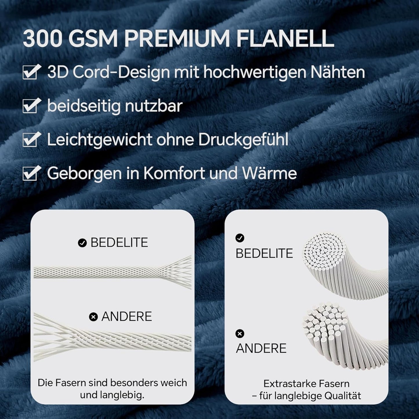 BEDELITE Cozy Blanket Plush Large - Soft Flannel Blankets Blue 220x240 for Bed, Decor Striped Cord Fleece Blanket Navy as Bedspread for Bedroom, XXL Blanket Wide Use