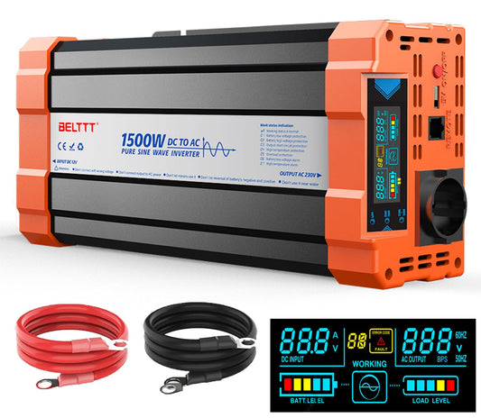Inverter Voltage Converter 12V to 230V Pure Sine Wave Inverter 1500W with EU sockets, USB output, and LCD display Peak power 3000W for car truck camping emergency household appliances