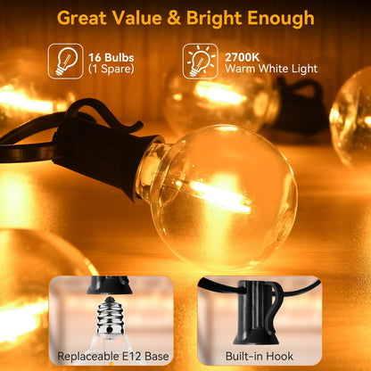 AVANLO LED String Lights Outdoor 30FT Patio String Lights Shatterproof 16+1 G40 Bulbs Waterproof for Garden, Balcony, Weddings, Parties Indoor String Lights Balls