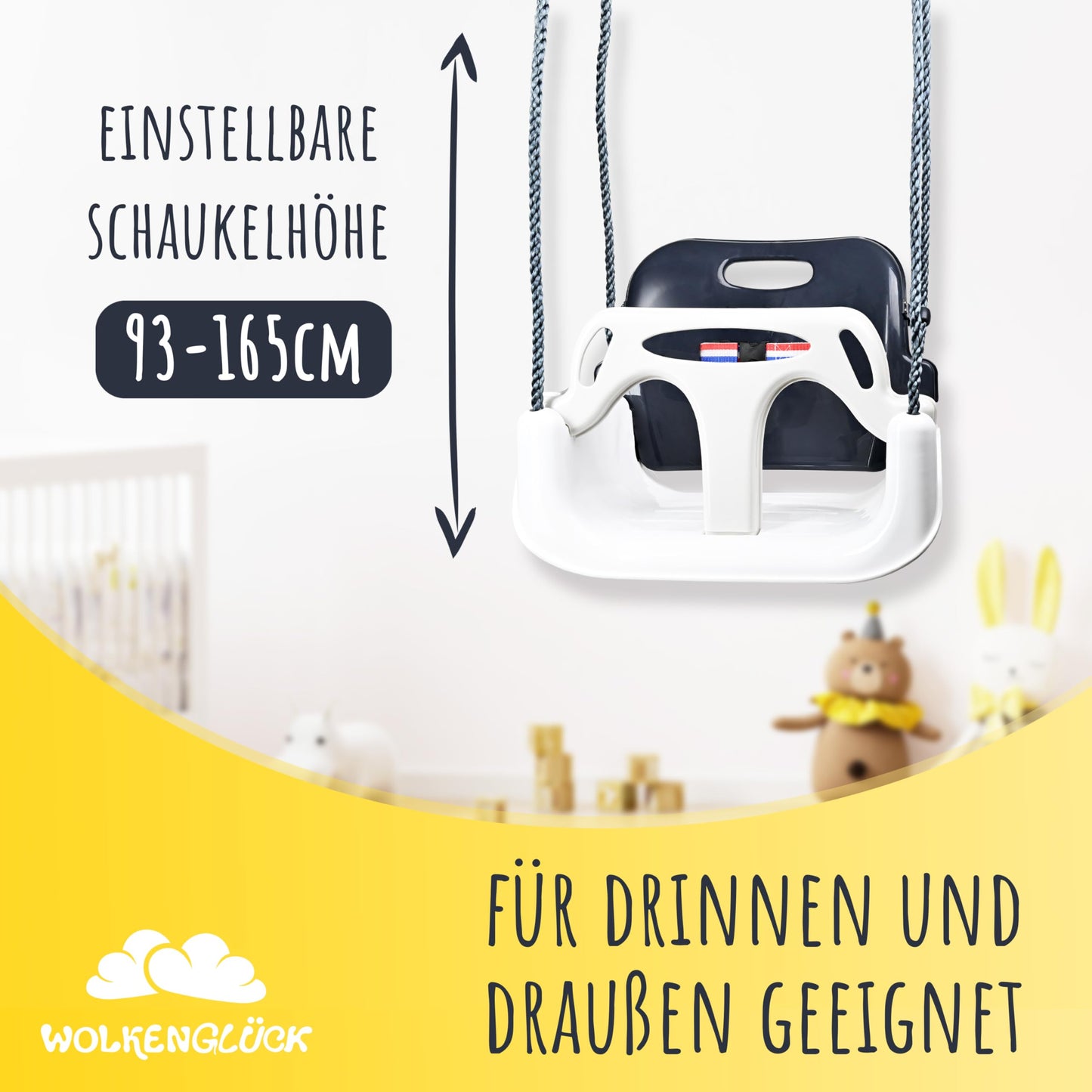 CLOUD HAPPY® Baby Swing 3 in 1 [6 months to 6+ years] - Adjustable kids swing for outdoor & indoor - High-quality swing with backrest & safety belt included (Gray)
