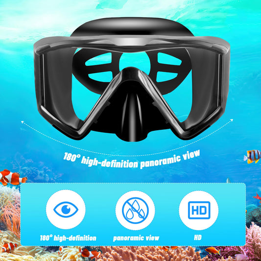 Adult Snorkel Set, Adult Diving Mask with Dry Snorkel, Waterproof Dive Mask Anti-Fog Anti-Leak, With Tempered Glass Lens, Snorkeling and Diving Snorkel Sets (Black)