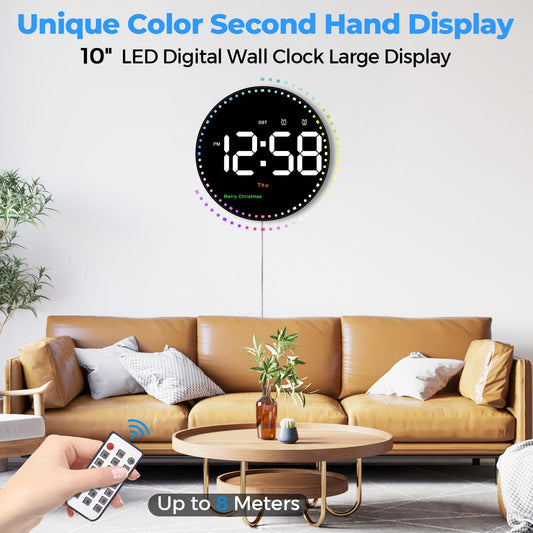 Digital wall clock with remote control, 10'' digital wall clock, digital clock with date/day/temperature/timer/countdown/2 alarms, digital clock for living room office school gym garage warehouse.