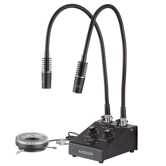 AmScope LED-11CR high-power LED dual-illuminator with gooseneck and ring light.