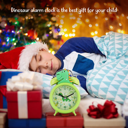 TCJJ Dinosaur Alarm Clock for Boys, Non-Ticking Cute Green Alarm Clock for Kids Boys, Classic Loud Double Bell Clock with Backlight, Suitable for School Gifts.