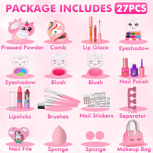 Aureyung Kids Makeup Set Girls Toy, Unicorn Makeup Case, Washable Kids Makeup Kit, Christmas Birthday Gifts for Girls 3 4 5 6 7 8 9 10 Years
