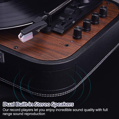 VOKSUN Turntable, portable Bluetooth vinyl record player with integrated stereo speakers, supports vinyl to MP3 recordings (UK, will need a plug adapter from UK to EU)