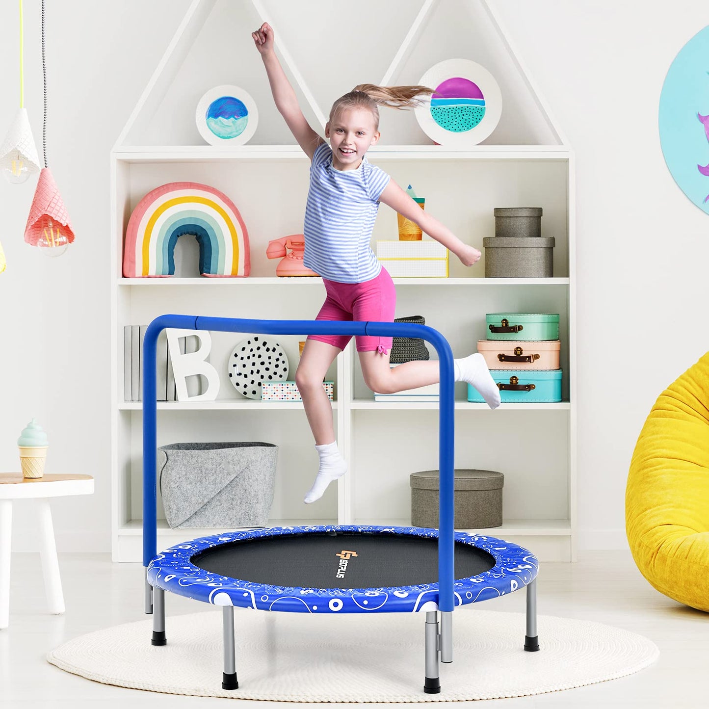 GOPLUS 92cm Children's Mini Trampoline with Handle, Foldable Garden Trampoline up to 150kg load capacity, Kids Trampoline for Indoor & Outdoor & Garden, sturdy Safety Trampoline for Toddlers (Blue)