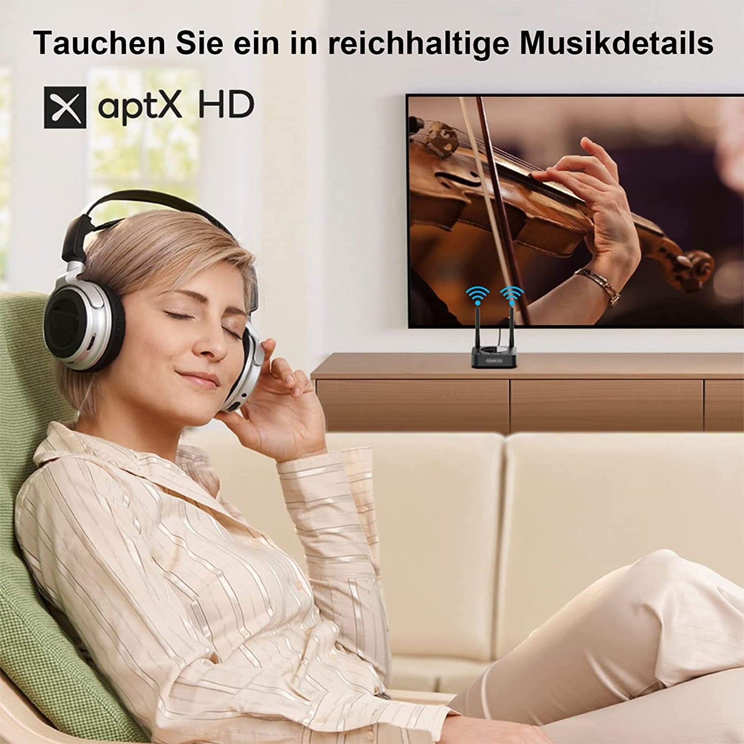 1Mii B06TX+ Bluetooth 5.2 transmitter with a long range, aptX HD & low latency wireless audio sender with screen display for TV/PC/projector to connect to 2 Bluetooth headphones/speakers.