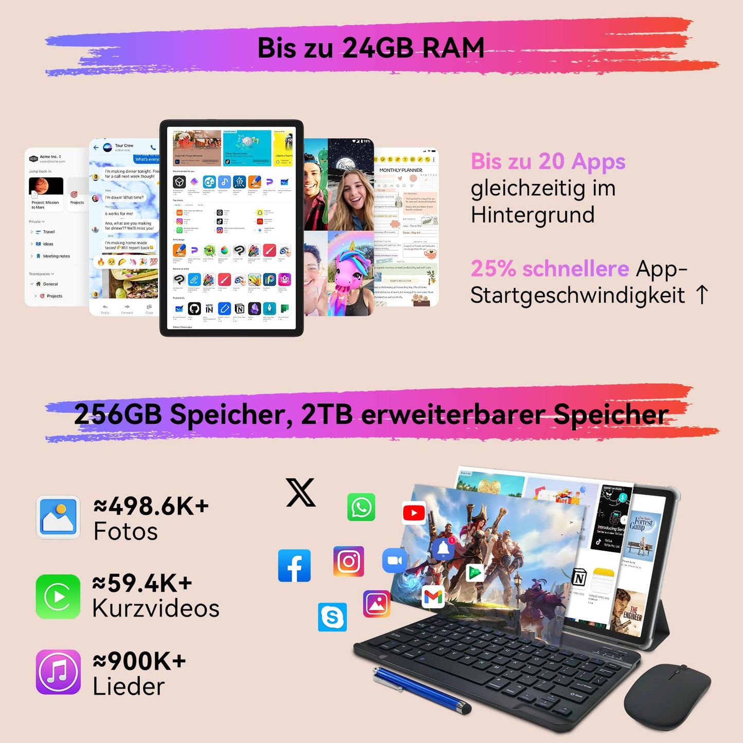 TABWEE Android 15 tablet with keyboard - 24GB RAM+256GB ROM (2TB TF), Octa-Core, gaming tablet 10 inches, 5000mAh, 8MP+5MP, Gemini AI, Widevine L1, 5G WiFi, GPS, Face ID (2-year warranty)