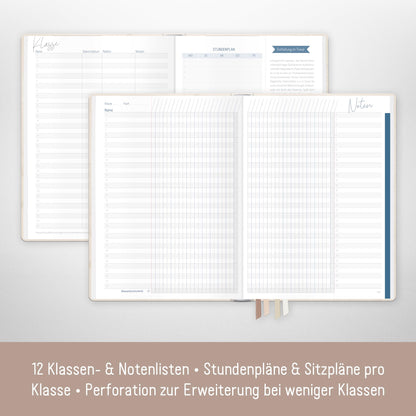 Häfft® Teacher Planner 2025/2026 A5 + "Beige Ginkgo" Hardcover Teacher Calendar/School Year Planner with 236 pages, stickers, and more - sustainable & climate-friendly.