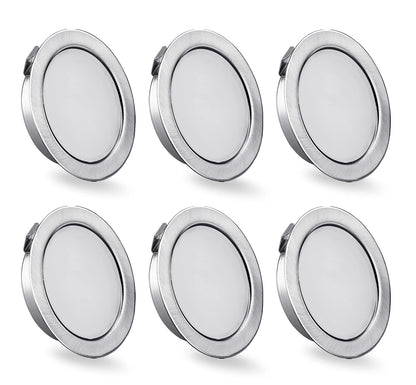 KYOTECH 6-pack of 230V LED furniture lights, 3.5W LED IP44 G4 15mm flat furniture recessed spotlights in brushed stainless steel look, 3000K warm white, kitchen hood light, bathroom spotlight.