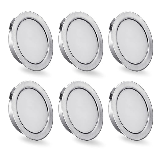 KYOTECH 6-pack of 230V LED furniture lights, 3.5W LED IP44 G4 15mm flat furniture recessed spotlights in brushed stainless steel look, 3000K warm white, kitchen hood light, bathroom spotlight.
