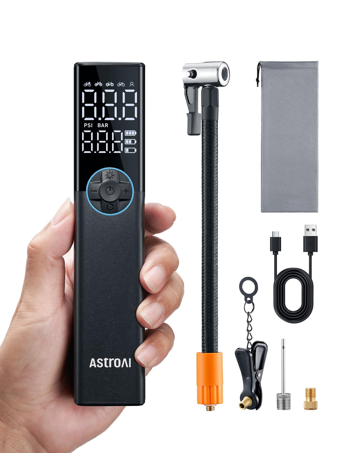 AstroAI Bike Pump Electric Air Pump, 150PSI Portable Battery Bike Pump for all valves, High-pressure motor designed for bikes, Rechargeable for city bikes, road bikes, mountain bikes, Blue