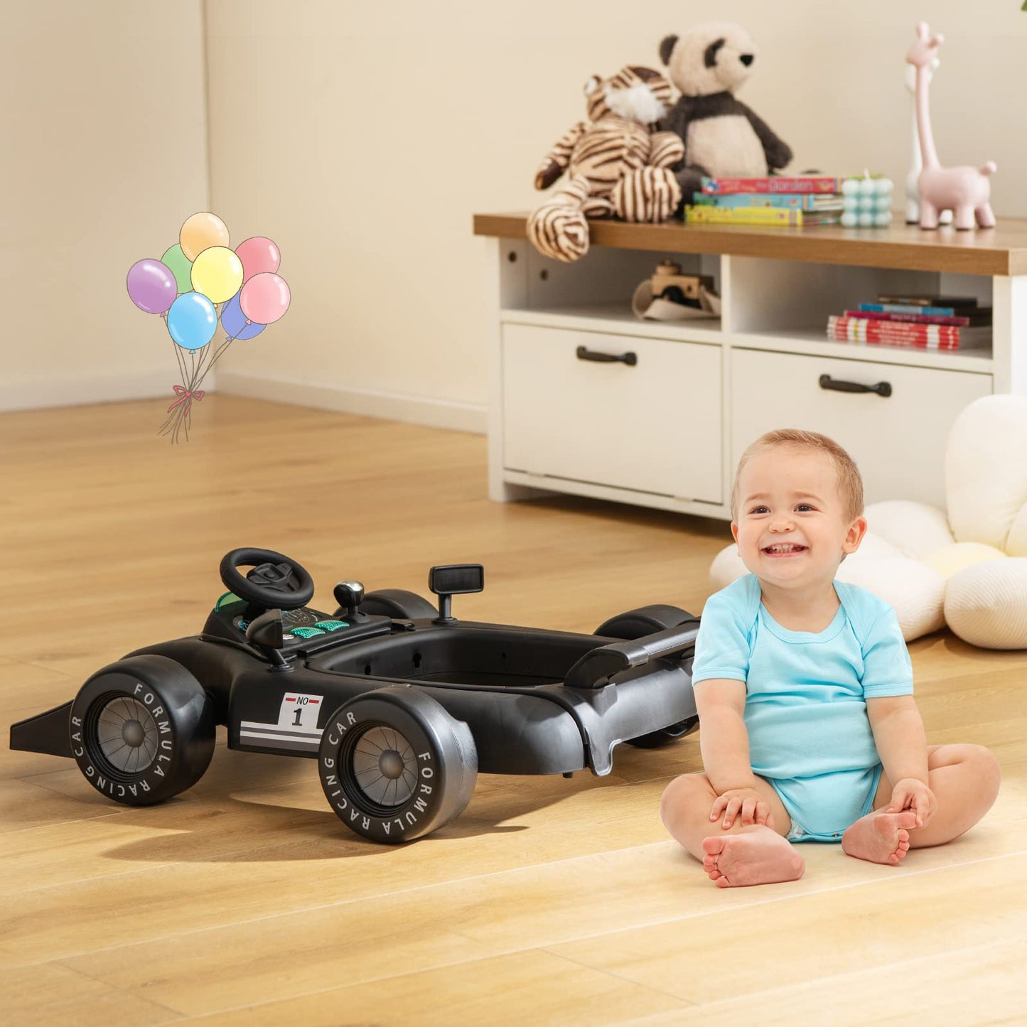DREAMADE 4-in-1 auto-shaped baby walker with adjustable speed, music & lights. Height adjustable and foldable, suitable for babies aged 6 months and older.