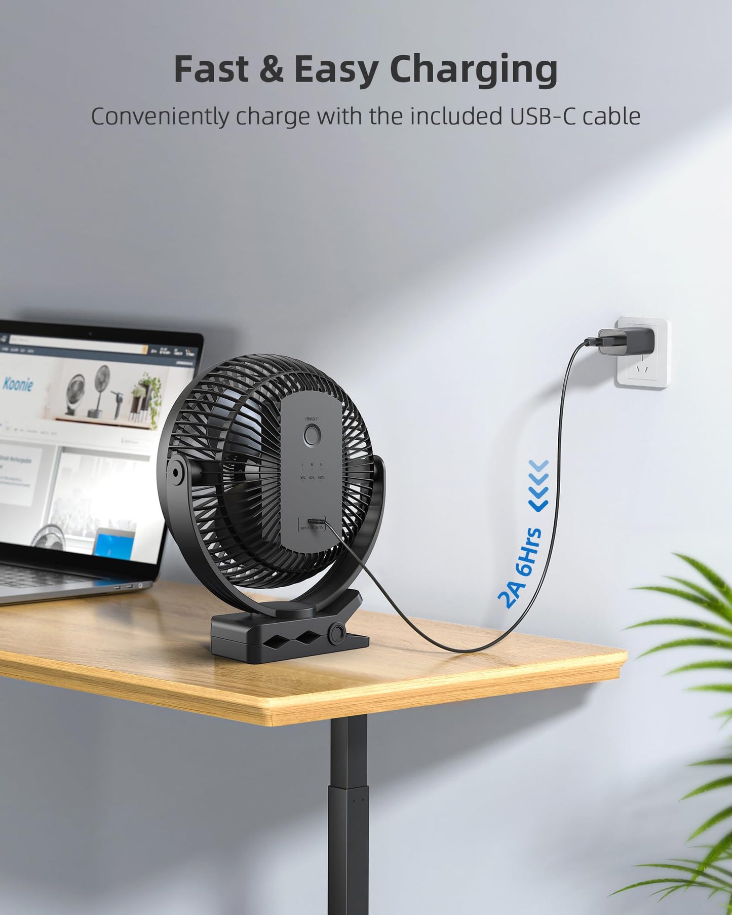 Koonie 10000 mAh clip-on fan, 20cm portable USB fan with battery, 4 speeds & 360° rotation, quiet wall fan, table fan for home, office, stroller, camping, grow tent.