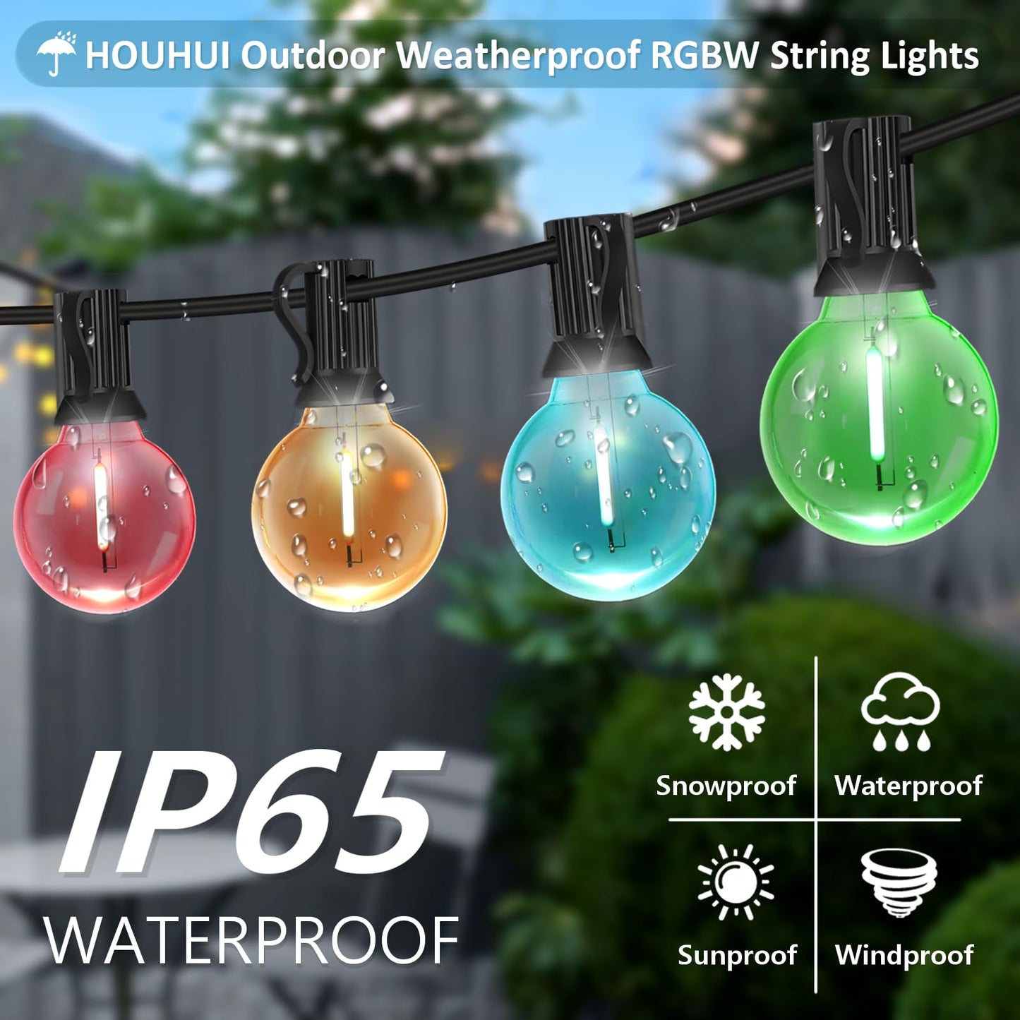 HOUHUI Outdoor String Lights 15M, RGBW with Remote Control, G40 Dimmable LED Hanging Lights Color Changing, Waterproof Christmas Lights for Weddings, Parties, 25+2 G40 Bulbs