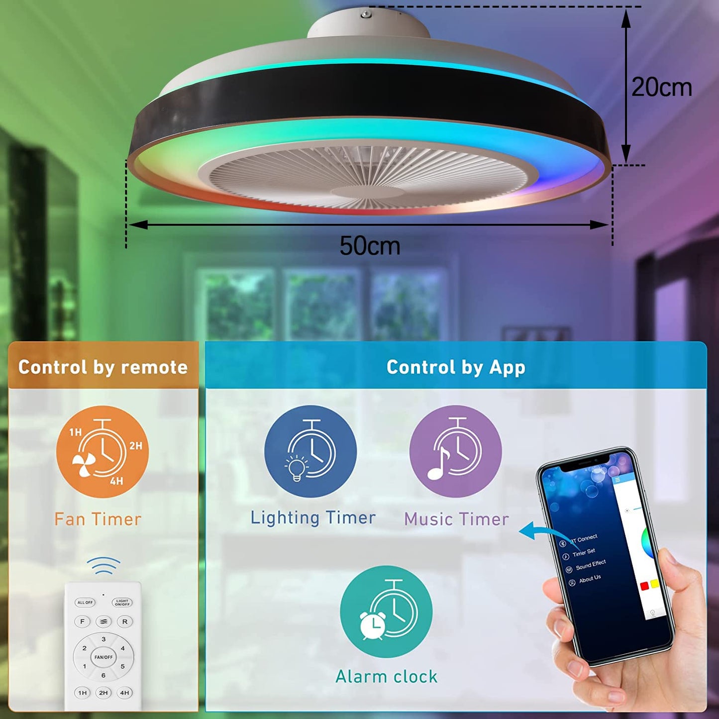 LED RGB ceiling light with fan Silent ceiling fan with lighting and remote control Dimmable Bluetooth speaker music fan lamp Modern ceiling lamp for bedroom living room fan 🙂