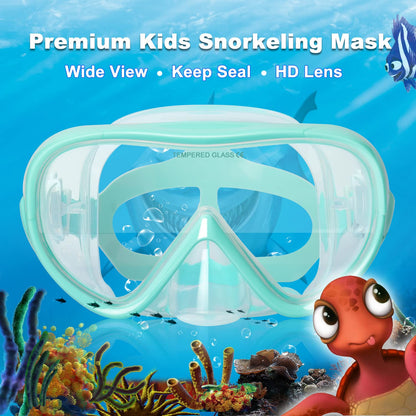 Children's snorkel mask with 180° panoramic view, anti-fog tempered glass, and silicone seal. Ideal for kids aged 4-16. Available in aqua color.