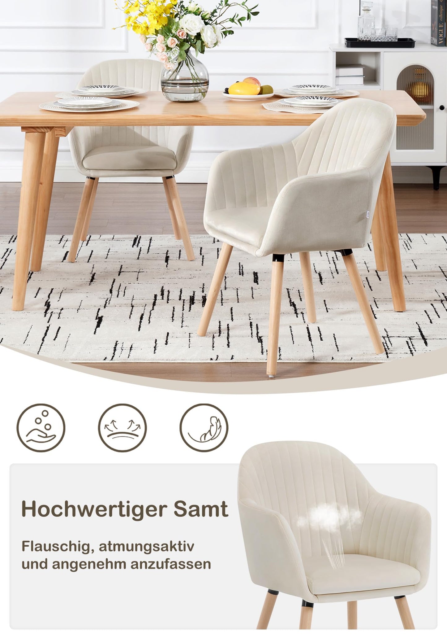 WOLTU dining chairs set of 4 kitchen chair living room chair upholstered chair design chair with armrest velvet solid wood cream white BH95cm-4