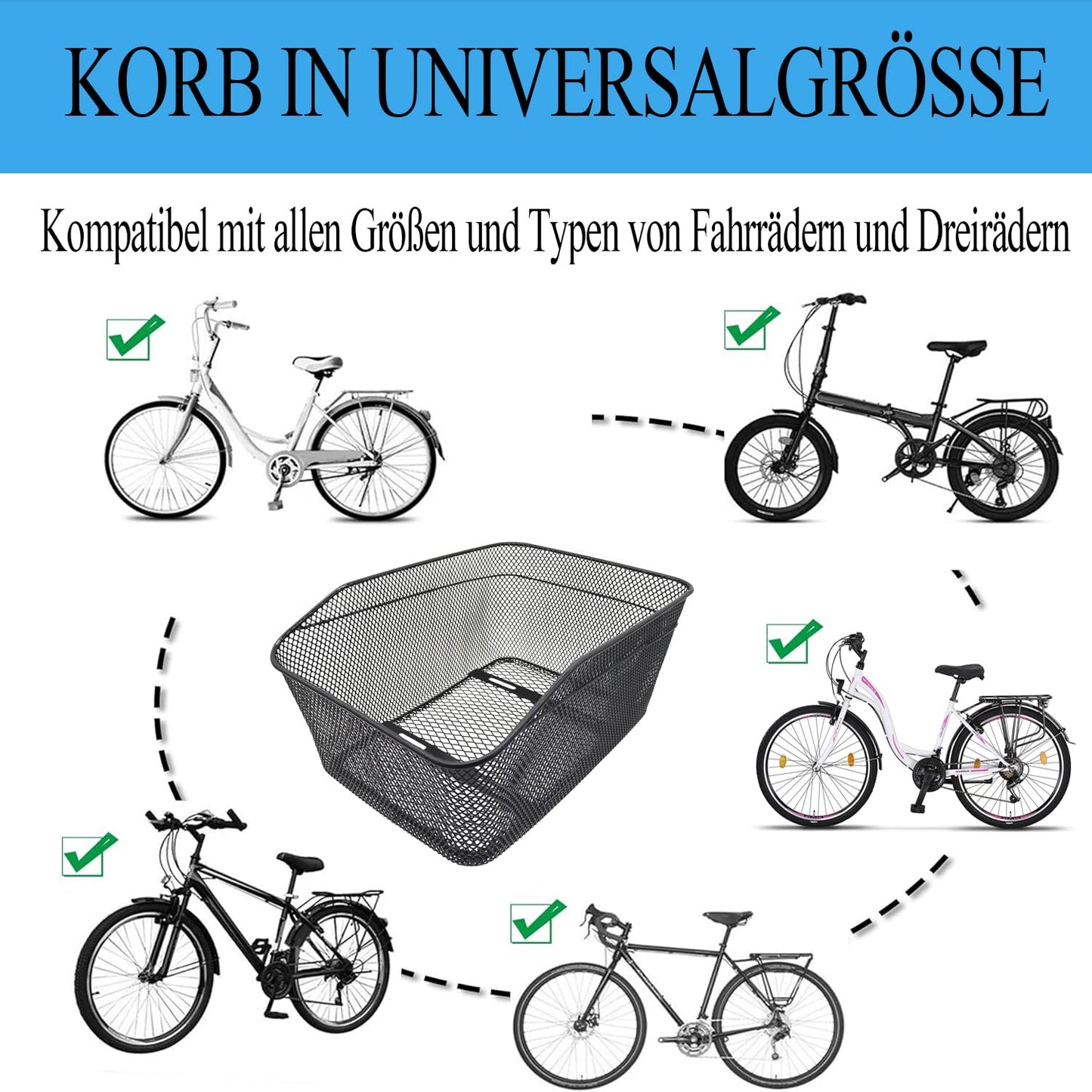 BINOTHINK Rear Bike Basket, Metal Large Bicycle Basket Stable Rear, Bike Rear Rack Basket with Mounting Accessories for Small Dog Shopping Picnic Backpack (S2)