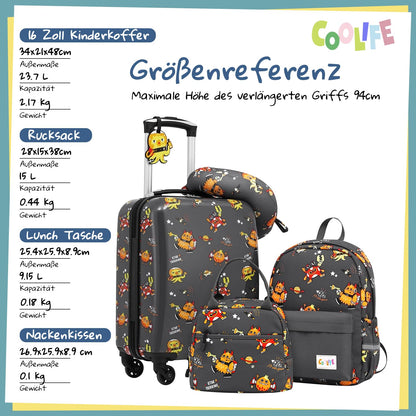 COOLIFE 5pc Kids Luggage Set with Backpack, Plastic Kids Suitcase, Children's Luggage, Kids Carry-On Travel Luggage Set for Boys and Girls (Monster, 5-Piece Set)