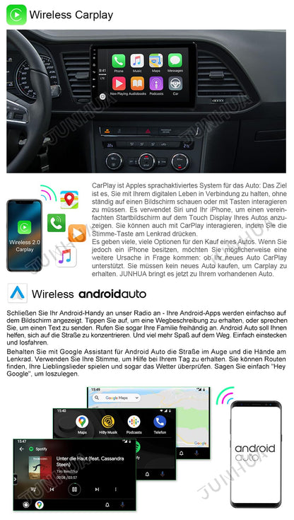 JUNHUA 9" Android 12 car radio with navigation 2G+32G replacement for SEAT Leon MK3 2013-2019, supports Wireless Carplay Android Auto, WiFi Bluetooth 5.1 GPS DSP steering wheel USB.