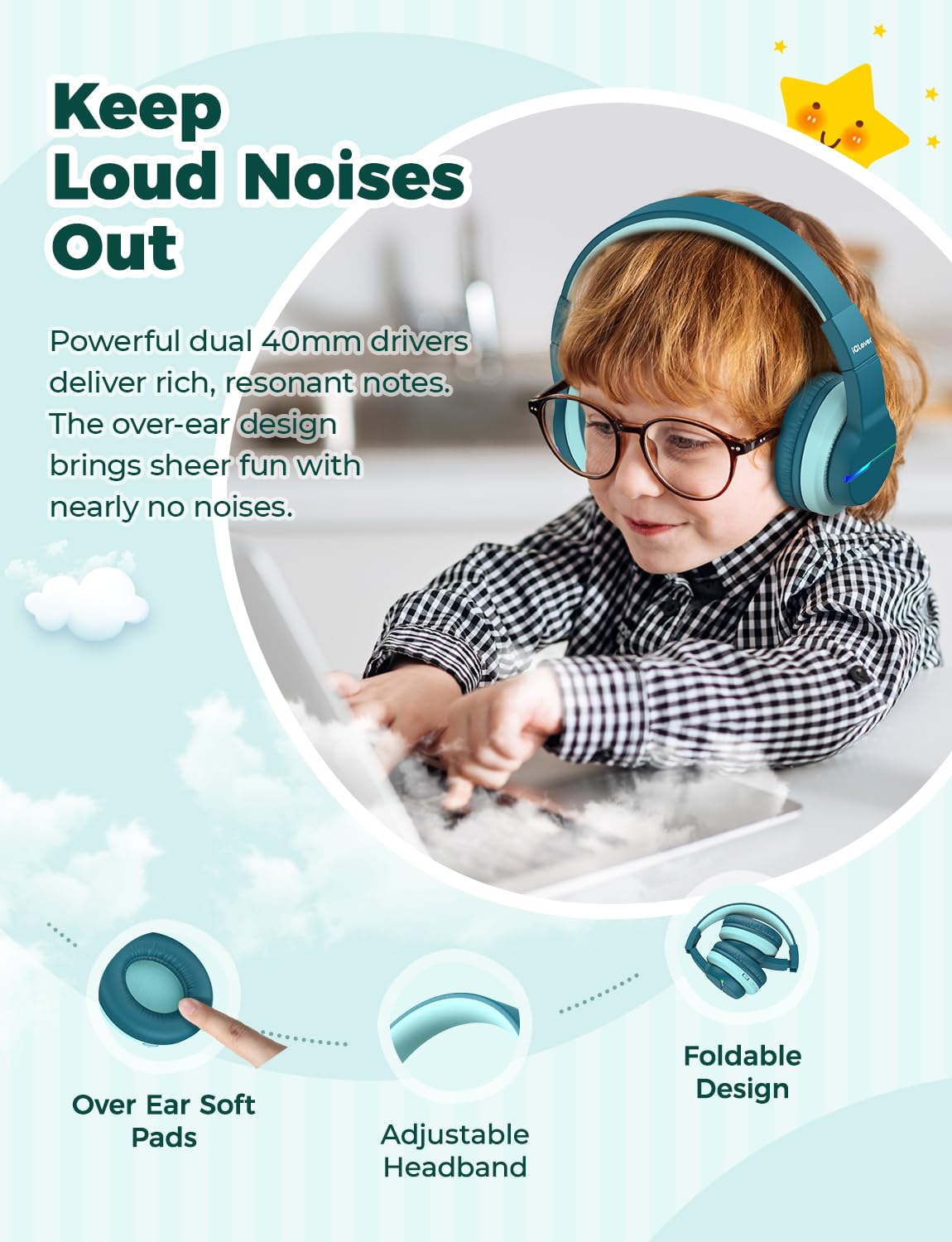 iClever Bluetooth kids headphones, colorful LED lights, over-ear design with 74/85dBA volume limiter, 85 hours of playtime, Bluetooth 5.2, built-in microphone BTH12.