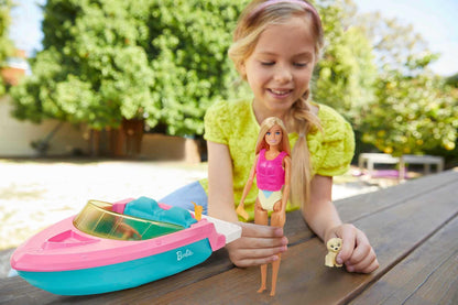 Barbie speedboat, pink life jacket, pink, blue, and white boat, puppy, accessories, dolls, gift for kids, toy for ages 3+,GRG29