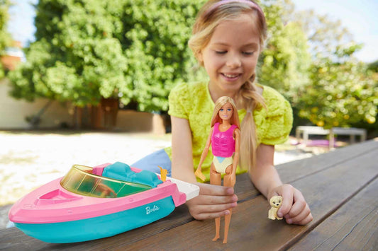 Barbie speedboat, pink life jacket, pink, blue, and white boat, puppy, accessories, dolls, gift for kids, toy for ages 3+,GRG29