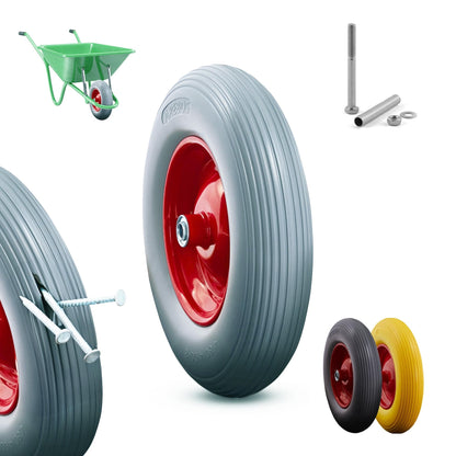 Arebos wheelbarrow wheel made of puncture-proof PU solid rubber. Load capacity 200 kg. Tire with steel rim. 4.80/4.00-8. Replacement wheel with axle. Diameter 390 mm. Grey.