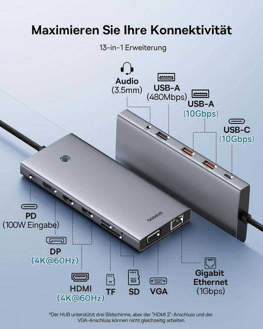 Optimized for efficiency, the Baseus USB C Docking Station supports 3 monitors, offering a 13-in-1 USB C Hub with 2 HDMI 4K@60Hz, DisplayPort 4K@60Hz, VGA, USB 3.1 10 Gbps, PD 100W, and Ethernet for Dell/HP/Lenovo/Surface Laptop.